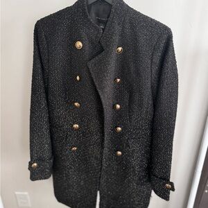 Ann Taylor Black Tweed Pea Coat with Gold Buttons